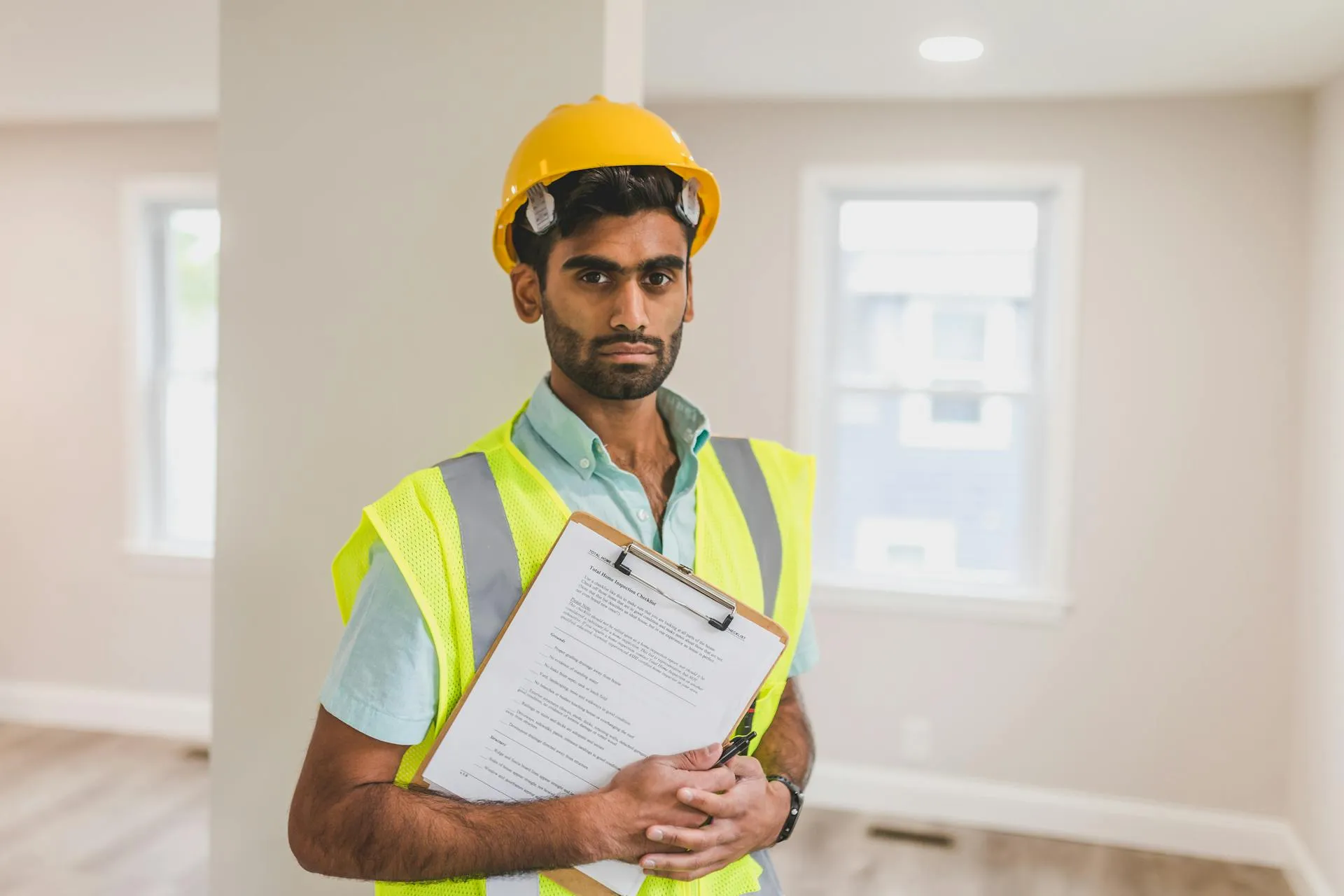Construction worker in safety gear holding a clipboard while completing a pre-settlement property inspection indoors