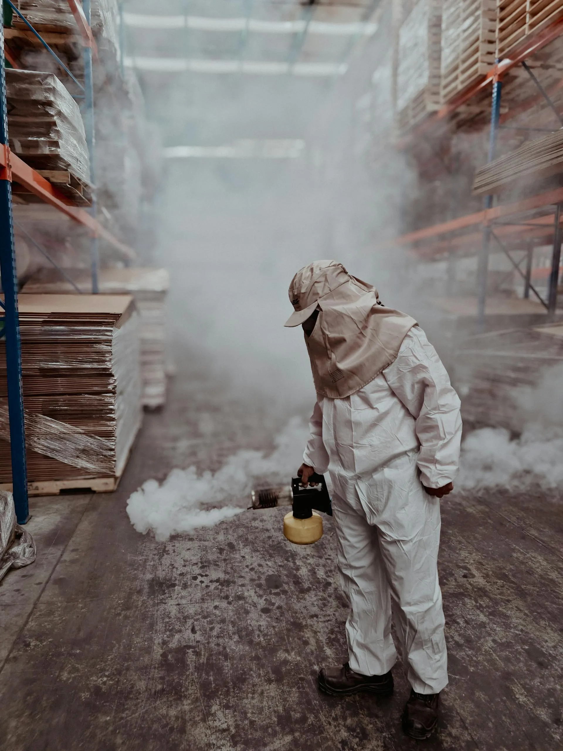 Licensed pest technician in full PPE coverall performing professional fumigation treatment in a structured commercial setting